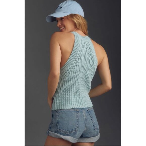 NEW By Anthropologie Blue Halter Chunky Knit Sweater Tank Top Blouse Medium - Picture 2 of 4